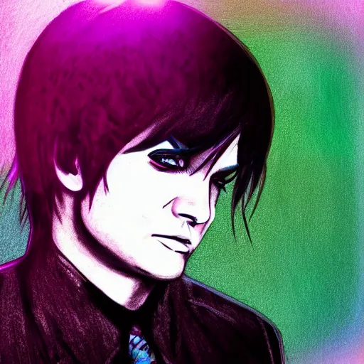 Image similar to a digital drawing of Gerard Way in a style of cartoon style of emo/scene drawing, trending on Pixiv, pastel colors