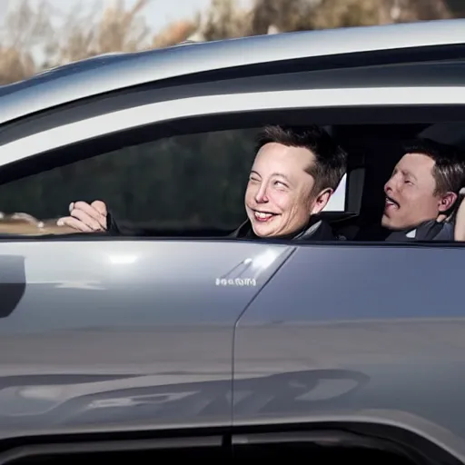 Prompt: Elon Musk waving out the driver's side window of a Rivian