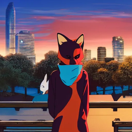 Prompt: key anime visual portrait of a blue anthropomorphic fox furry fursona wearing a bright hoodie, city park in the background at sunset, modern animation still, 4 k