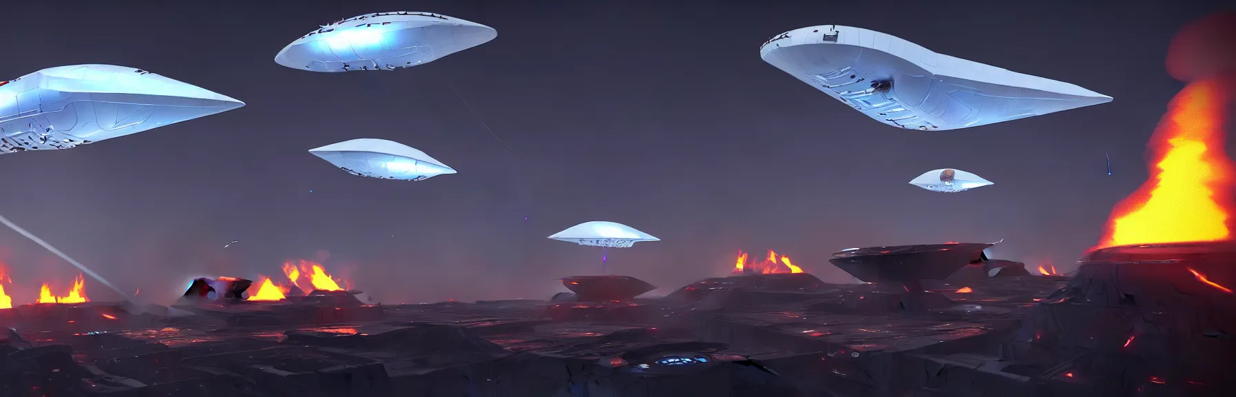 Image similar to sci - fi high tech tents are on fire. mighty futuristic zeppelins hover in the sky above you, cruise missile strikes, a little further away, a camp is bombarded from the air, intricate and epic concept art, highly detailed, 8 k, cinematic ; artstation, unreal engine 5