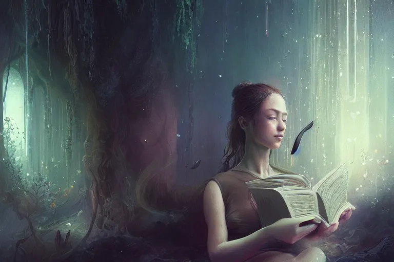 Image similar to breathe into euphoria, a girl reading a book, altered carbon, dreamy ethereal vibe, atmospheric, detailed intricate render, fibbonacci, detailed illustration, hd, 4 k, digital art, overdetailed art, surrealistic, by greg rutkowski, by loish, laura sava, slavic traditional trending on artstation, deviantart