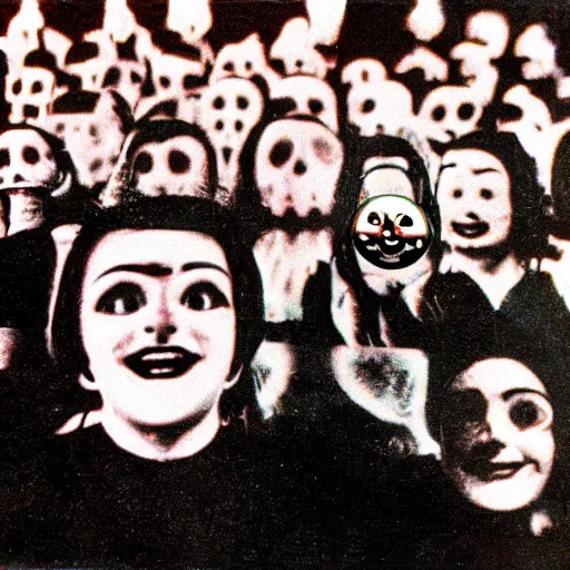 Image similar to audience smiling to the stage, creepy, eyes glowing, vintage, 8 mm, found footage