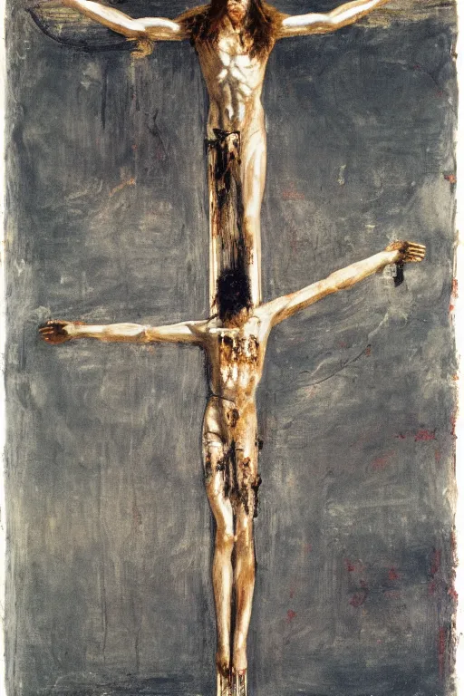 Image similar to bloody jesus christ crucified with a ufo of light above him painted by cy twombly and andy warhol