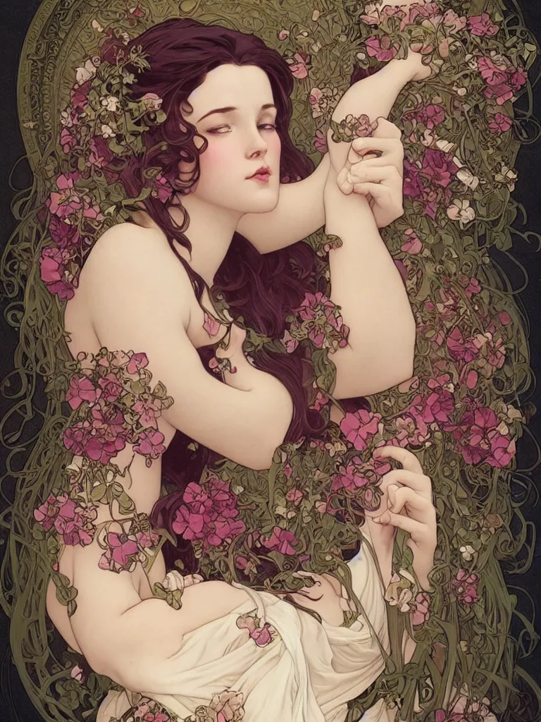 Image similar to a beautiful curvy symmetrical woman, sensuality, wrapped in flowers, art by Charlie Bowater, Alphonse Mucha, Tom Bagshaw