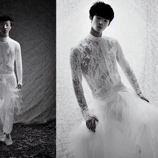 Image similar to a beautiful young korean male wearing a translucid lace wedding gown designed by alexander mcqueen, photographed by andrew thomas huang for a fashion editorial