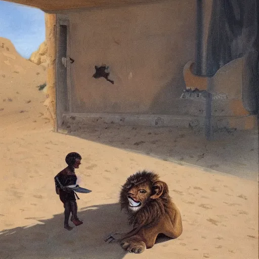 Image similar to a kid hidding under a chair from a lion in a post apolyptical desert, dramatic painting