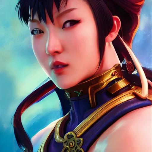 Image similar to chun li, hyper detailed, digital art, trending in artstation, cinematic lighting, redhead, studio quality, smooth render, fluorescent skin, unreal engine 5 rendered, octane rendered, art style by klimt and nixeu and ian sprigger and wlop and krenz cushart