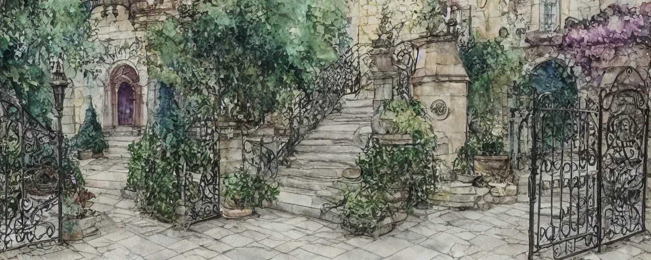 Prompt: courtyard walkway, fountain, castle, stairway, chairs, wrought iron, gate, botanic garden, botanical herbarium paper, watercolor colored painting, iridescent colors, realistic shaded, fine, artstation, italian style, colonnade ornate headdress, craving, carved, insanely detailed