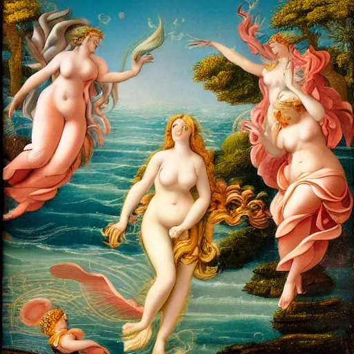 Image similar to The collage depicts the goddess Venus, who is born from the sea, being blown towards the shore by the wind god Zephyr. On the shore, the goddess of love, beauty, and fertility, is greeted by the nymphs who attend to her. The collage is a masterful example of use of color, light, and perspective. The figures are depicted in graceful poses, and the overall effect is one of serenity and beauty. by Charles Robinson a e s t h e t i c