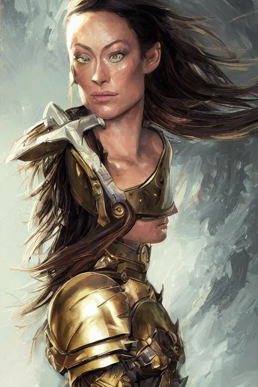 Image similar to a professionally painted portrait of Olivia Wilde, clothed in ancient battle armor, olive skin, long dark hair, beautiful bone structure, symmetrical facial features, intricate, elegant, digital painting, trending on Artstation, concept art, smooth, sharp focus, illustration, from Metal Gear by Ruan Jia and Mandy Jurgens and Artgerm and and william-adolphe bouguerea, award winning