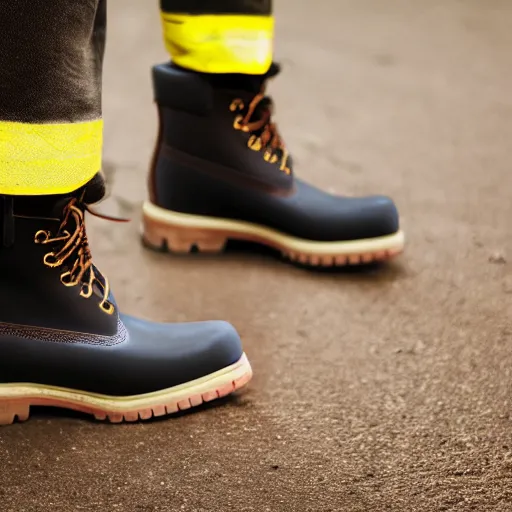 Prompt: hyperrealistic among us crewmate with timberlands on his feet, close up, volumetric lighting