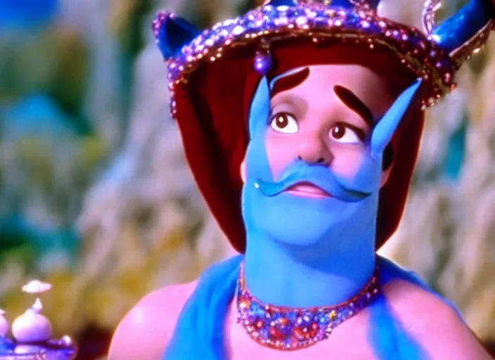 Prompt: film still of sinbad david adkins as a genie in a kids movie 1 9 9 2