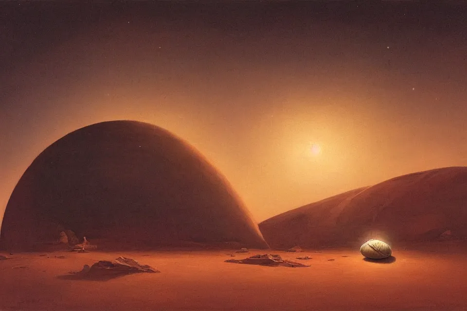 Prompt: sci fi atmospheric landscape painting of a giant seashell in middle of the desert at night, painted by john harris and moebius