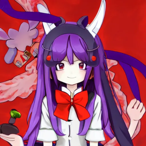 Image similar to Reisen Udongein Inaba, Touhou project, is wearing a white blouse with short sleeves, a red belt, and a blue skirt, Red eyes, long light purple hair, long rabbit ears, Wearing a white blouse, a purple skirt and a red tie, a carrot-shaped clip on the tie, circle eyes, in front, 4k, 2d, high quality, anime artist, reluvy5213