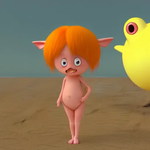 Prompt: final render made with blender of a cute yellow and orange kawaii demon with slow eyes and little fangs standing on a beach, by pixar and studio ghibli