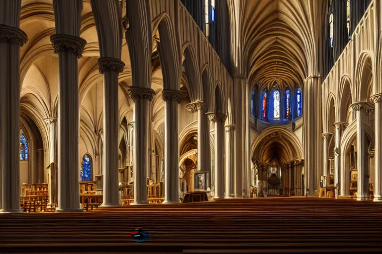 Image similar to highly detailed illustration of the cathedral of saint matthew the apostle, artstation, interior shot, washington dc, cinematic lighting, hyperdetailed, cgsociety, 8k, high resolution, insanely detailed and intricate