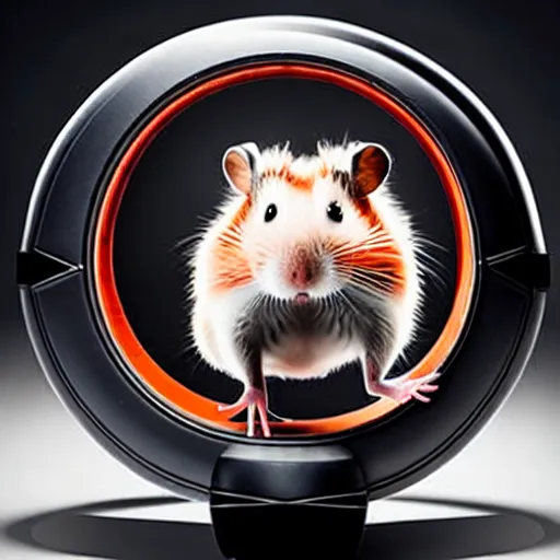 Prompt: uhd robotic hamster running in a hamster wheel. photo by annie leibowitz