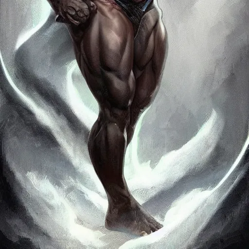 Prompt: wow! fanart, beautiful muscular black man with white hair and a protruding jaw, with visible pectoral muscles, d & d, high fantasy, detailed, digital art, artstation, smooth, sharp focus, art by artgerm, greg rutkowski, alphonse mucha