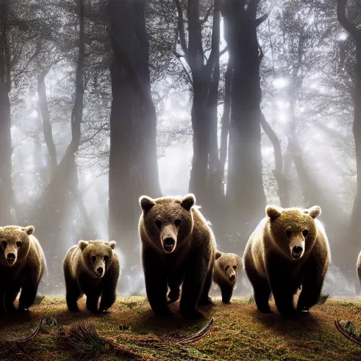 Image similar to an army of bears facing an army of bulls, magical forest, fantasy, Ireland, England, king Arthur, Lord of the rings, cinematic, realistic style, beautiful, majestic, dramatic lighting, early morning, dawn CGsociety, realistic, hyper maximalist, golden ratio, octane render, rule of thirds, wide shot , 8k resolution, epic volumetric light, cinematography, concept art, Artstation trending, environments, fantasy