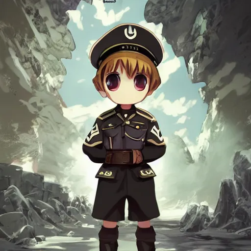 Image similar to beautiful little arian boy in nazi uniform. made in abyss art style, inspired by kris from deltarrune, cute detailed artwork, anatomically correct, soft details, ilya kuvshinov, reflection, perfect composition, portrait, illumination, digital art, detailed anime soft face, symmetrical face, western comic, illustration