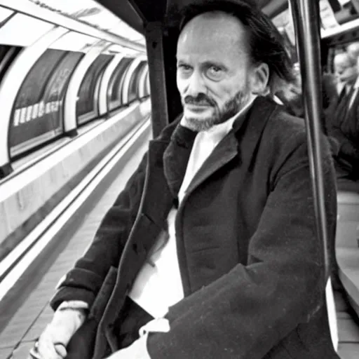 Prompt: photo of shakespeare riding the tube