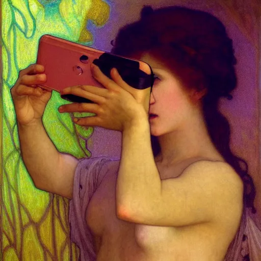 Image similar to dramatic cinematic scene of Death taking a selfie, modern, mucha, colorful, Inspired by William Adolphe Bouguereau, and Donato Giancola, mucha, purple, black, highly rendered, beautiful, cyberpunk, moody lighting, glowing light and shadow, atmospheric, studio lighting, 8K
