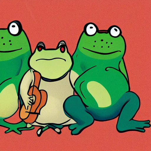 Image similar to 3 fat obese frogs playing in a band, high-definition photograph