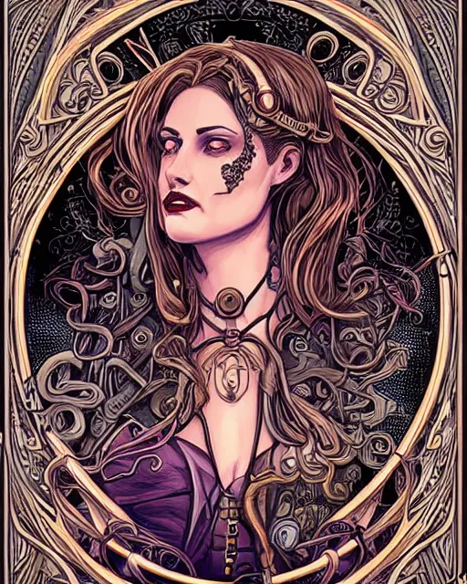 Image similar to a detailed portrait illustration of a steampunk wizard. beautiful female face. art nouveau, pop art, comic book style. influenced by neil gaiman, h. p. lovecraft, dan mumford, brian froud, rexie nem, killian eng, ross tran.