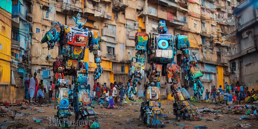 Prompt: colourful - damaged - giant mecha ROBOT of AJEGUNLE SLUMS in Lagos, markings on robot, Golden Hour, in the style of studio ghibli,