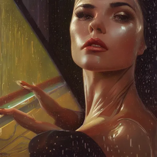 Image similar to detailed face of a woman, lush, opulent, fauna, utopian, tech noir, wet reflections, prism, atmospheric, ambient, pj crook, syd mead, livia prima, artgerm, greg rutkowski, nick alm, casey baugh