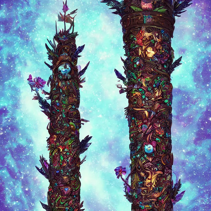 Image similar to close - up view of an indigenous totem pole glowing with magical fairy dust surrounded by dark foliage. whimsical fantasy art. highly detailed digital art. high contrast. dark background. trending on artstation