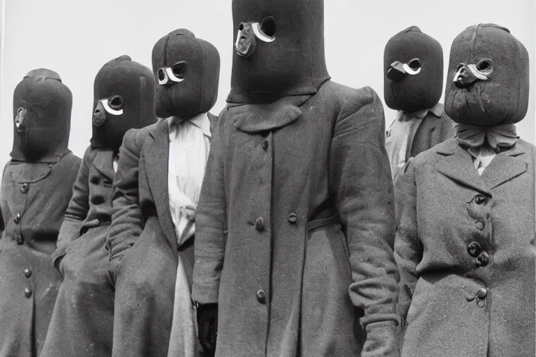 Image similar to vintage photo of villagers wearing weird masks by hilla becher, eerie, bizarre, highly detailed shot, dramatic 8 k uhd