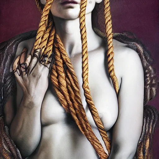 Image similar to portrait of a Shibari rope wrapped face and neck, headshot, insanely nice professional hair style, dramatic hair color, digital painting, of a old 17th century, old cyborg merchant, amber jewels, baroque, ornate clothing, scifi, realistic, hyperdetailed, chiaroscuro, concept art, art by Franz Hals and Jon Foster and Ayami Kojima and Amano and Karol Bak,