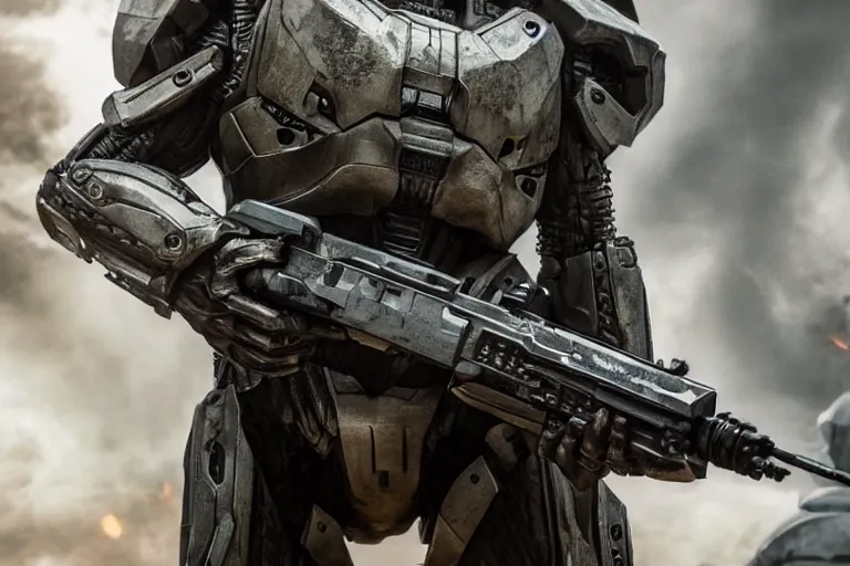 Image similar to vfx movie closeup, sci - fi super soldier in worn military futuristic armor, posing with futuristic rifle in alien technology temple, master chief by emmanuel lubezki