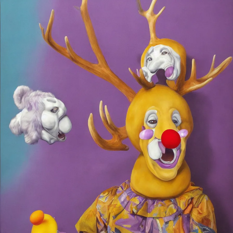 Prompt: rare hyper realistic portrait painting by italian masters, symmetrical composition, studio lighting, brightly lit purple room, a blue rubber duck with antlers laughing at a giant laughing white bear with a clown mask