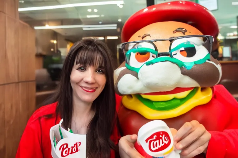 Prompt: I took a selfie with the corporate mascot of fast food chain sativa weed indica burger, selfie photography, 55mm