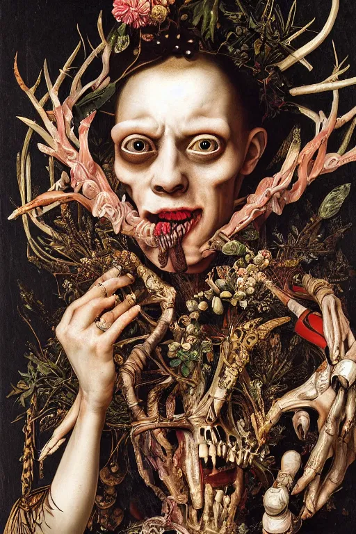 Image similar to Detailed maximalist portrait with large lips and with large white eyes, exasperated expression, extra fleshing limbs, botany bones, HD mixed media, 3D collage, highly detailed and intricate, surreal illustration in the style of Caravaggio, dark art, baroque