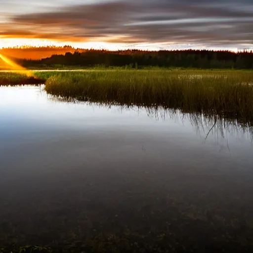 Image similar to A long exposure photograph of clouds streaking across the sky near a lake, reflections, highly detailed, wide angle, sunset