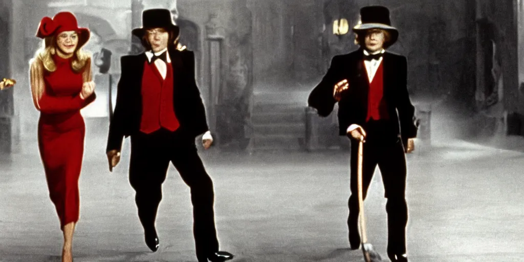 Image similar to a film still of a 70s movie of a blonde young woman wearing a red dress running of a man holding a cane wearing black suit and a bowler hat with a monstrous hat