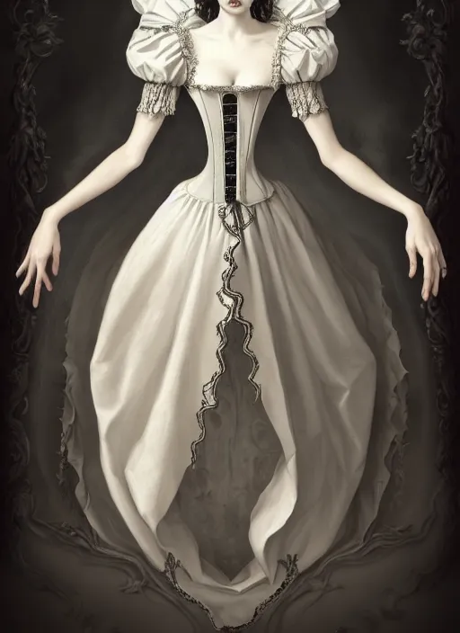 Prompt: historical baroque dress dark, alexander mcqueen, gothic bustier, portrait, voluminous, masterpiece, intricate, highly detailed, artstation, dreamy ghost, concept art