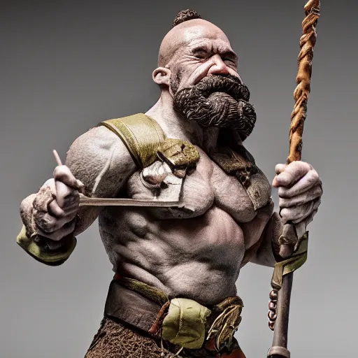 Image similar to 8 5 mm f 1. 8 photograph of a claymation sculpture warrior dwarf, highly detailed sculpey diorama, by erwin olaf, smooth, sharp foccus, commercial photography, fashion shoot