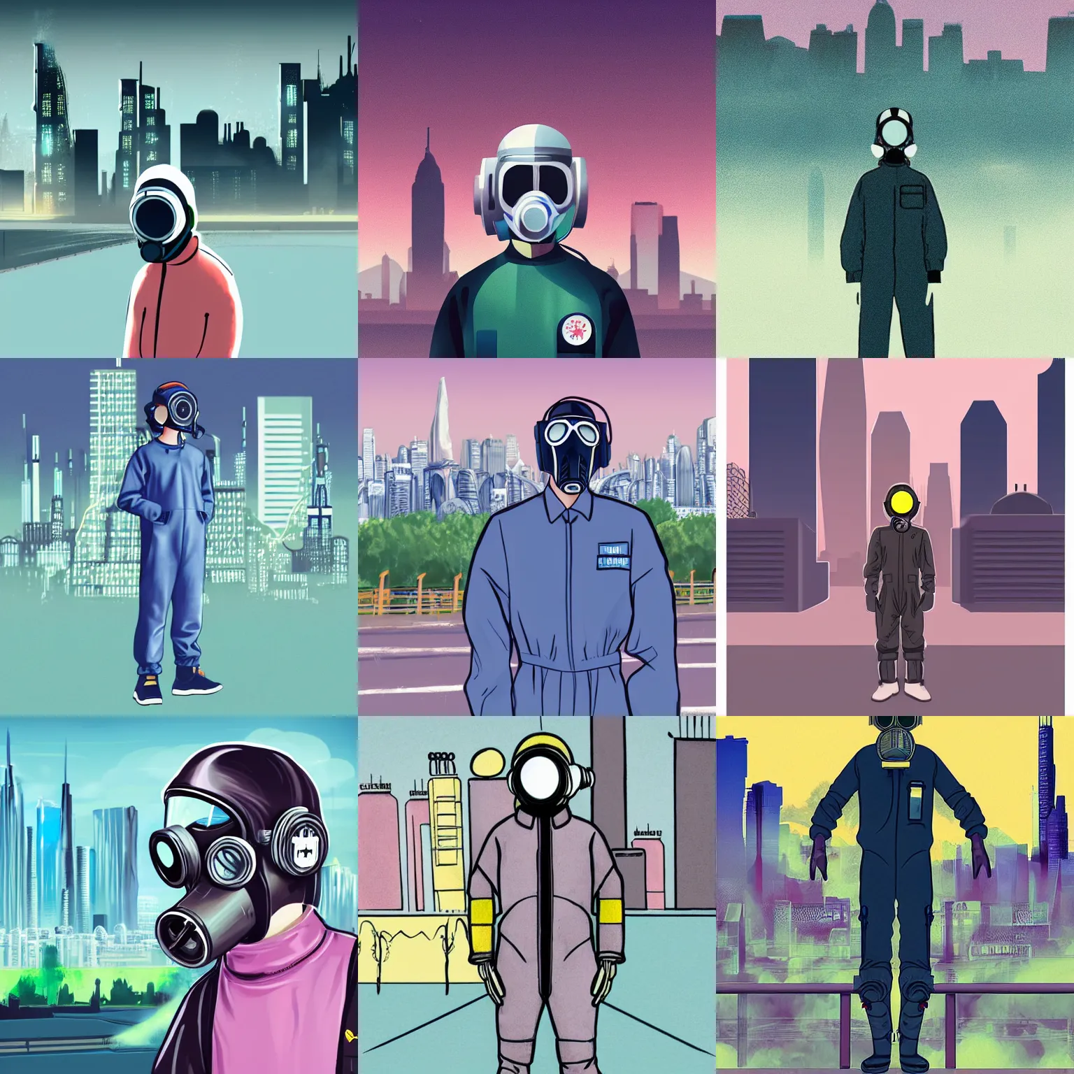 Prompt: teenager wearing a boiler suit and a futuristic gas mask, city skyline in the background, pastel colours, science fiction concept art