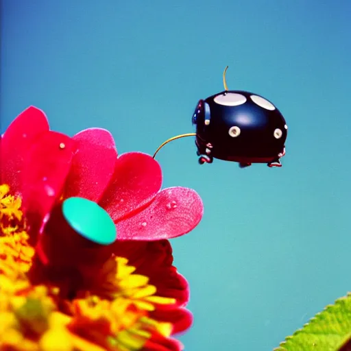 Prompt: a cute tiny robot is holding a big flower up above its head, a ladybug is beside the robot, award winning macro photography, kodak ektar, dramatic lighting