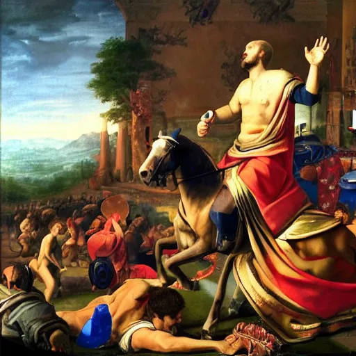 Image similar to King playing PlayStation renaissance painting