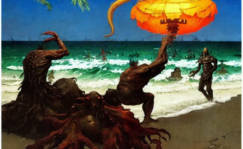 Image similar to cthulhu rising from the ocean by a tropical beach with palm trees. lovecraftian horror. highly detailed science fiction painting by norman rockwell, frank frazetta, and syd mead. rich colors, high contrast, gloomy atmosphere, dark background. trending on artstation