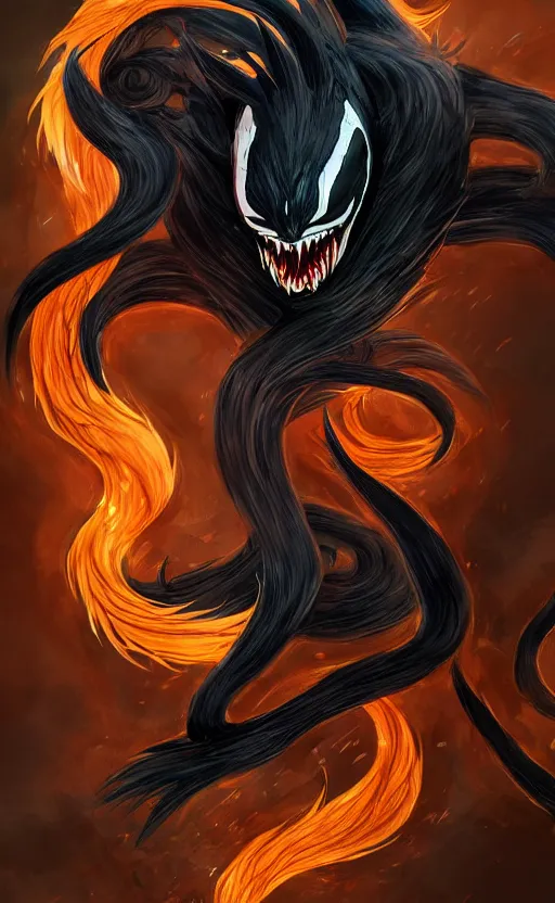 Image similar to venom as the nine tailed fox, kurama, dynamic lighting, photorealistic dark fantasy concept art, trending on art station, stunning visuals, creative, cinematic, ultra detailed