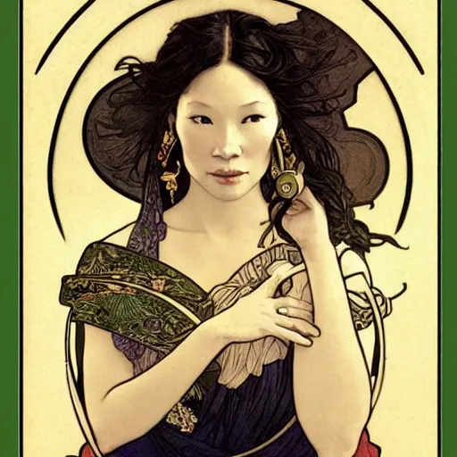 Prompt: lucy liu portrait by louis - theophile hingre and alphonse mucha, realistic, sharp focus, zodiac signs, tarot cards, planets, ethereal, art nouveau, magic, moon, sun, crown, dreamy, royal, jewellery