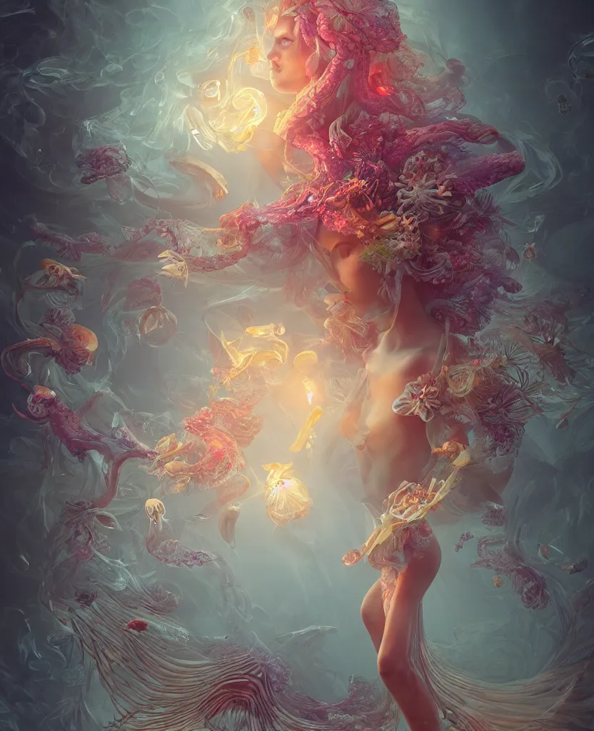 Prompt: a beautiful goddess covered with jellyfish phoenix and bird and giant orchid, flower and giant gladiola. midsommar style, intricate, elegant, surrounded by smoke and water energy flow. translucent nautilus, highly detailed. octane render, by wlop, tooth wu, greg rutkowski, alena aenami