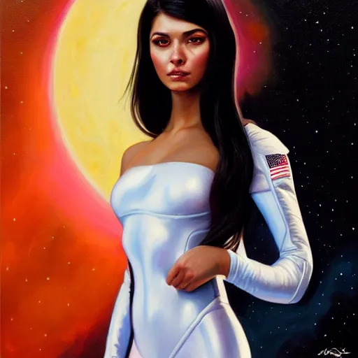 Image similar to a portrait of a very beautiful woman in a spacesuit, Alexandria\'s genesis, shoulder-length black hair, bored, illustration, soft lighting, soft details, painting oil on canvas by mark arian by artgerm, trending on artstation, 4k, 8k, HD