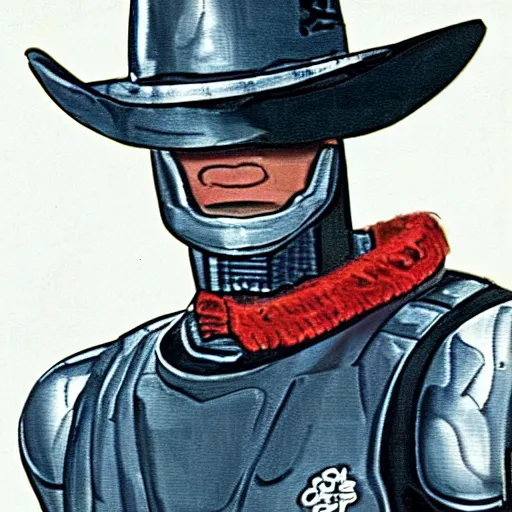 Prompt: Robocop in a cowboy outfit